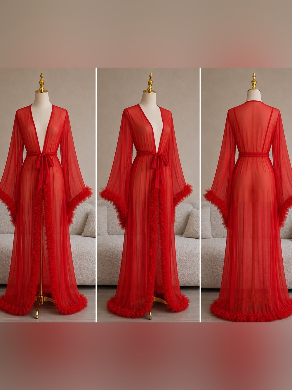 Red Sheer Ruffle Maxi Robe | Floor-Length Bell Sleeve Lingerie Robe
